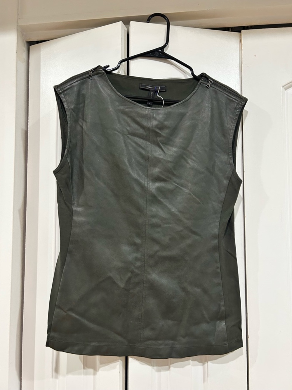 BCBG Sleeveless Faux Leather Top in Olive Green